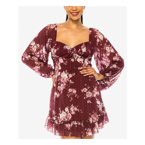 B DARLIN Dresses & Skirts - B DARLIN Womens Fit + Flare Short Dress Burgundy Long Sleeve Lined Juniors 7\8